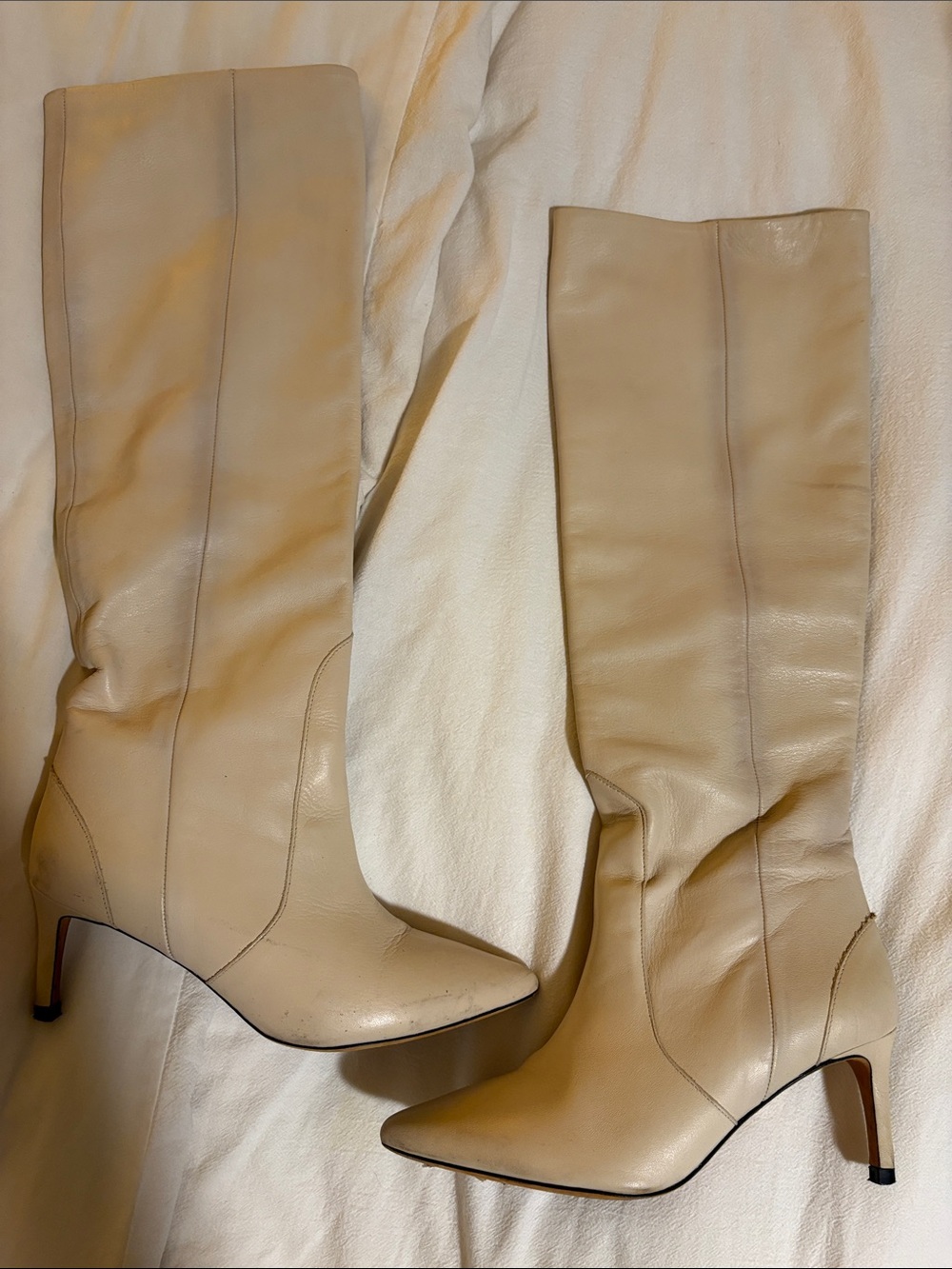 Women's Tall Leather Vintage Knee-High Boots in Beige